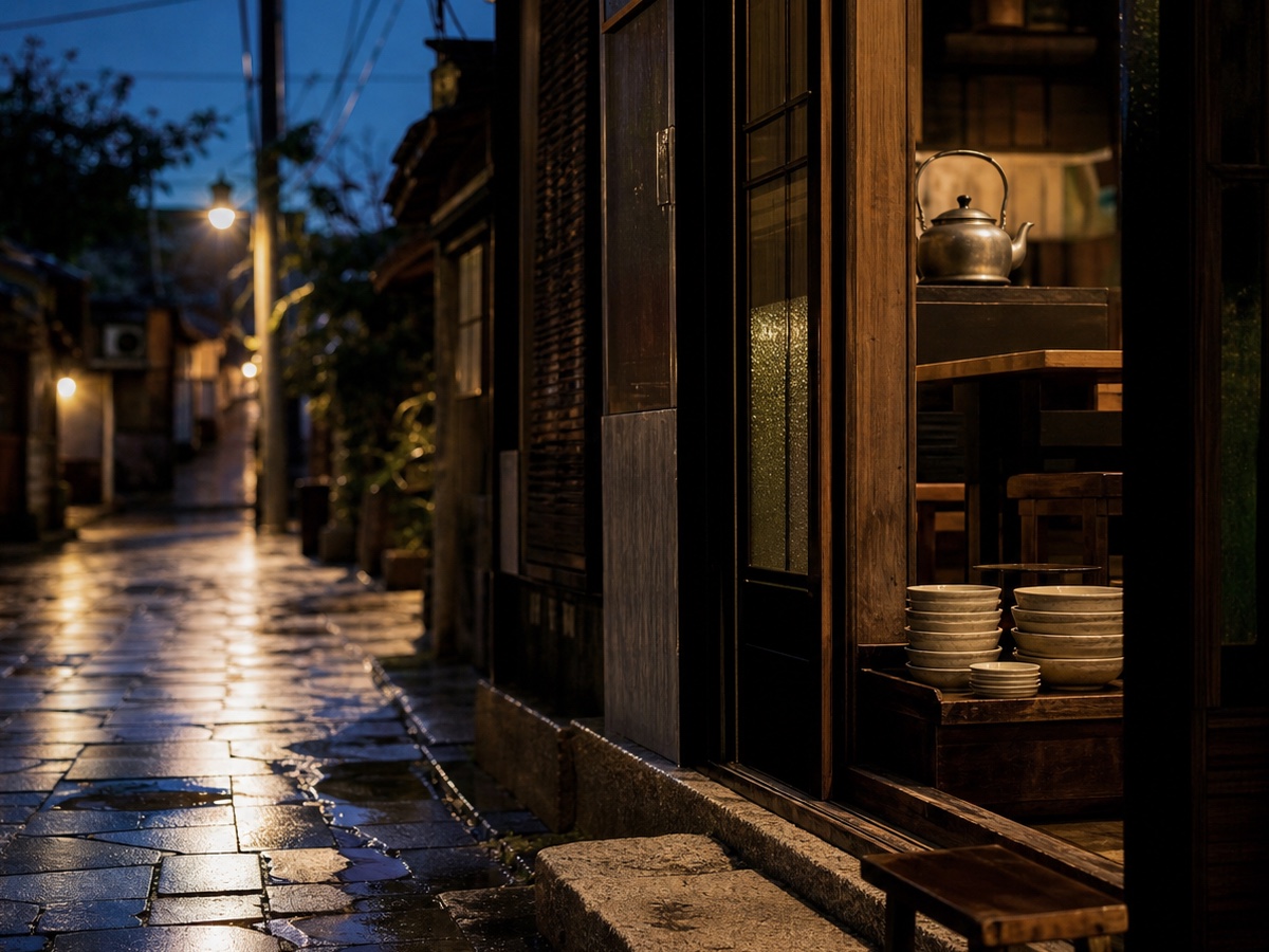 雨上がりの全州マッコリ通りの夜を捉えた編集用コンセプト画像