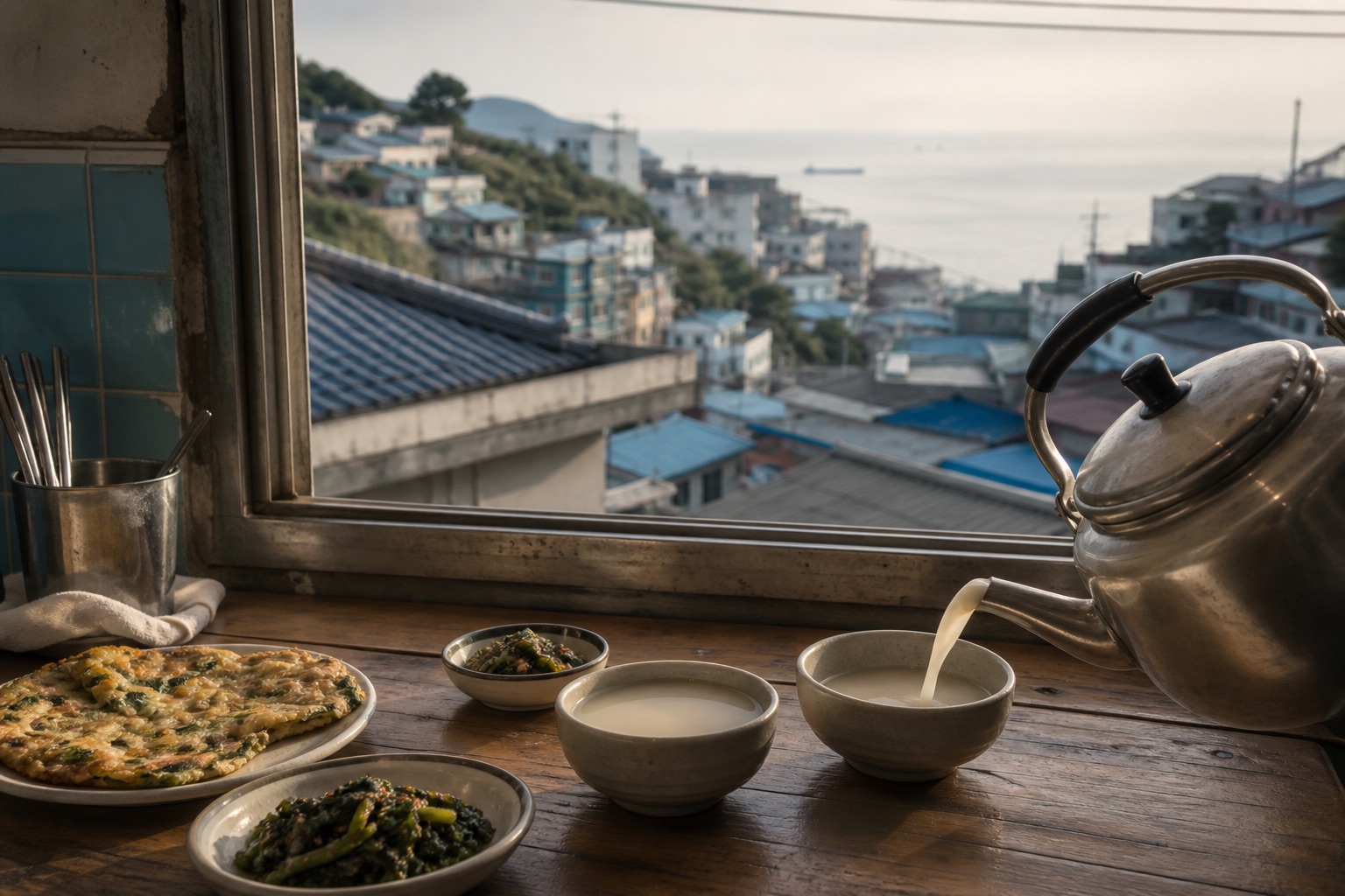ストーリー一覧の釜山の日常酒カード：海風の町の食卓で酒を分け合う場面を写した編集用コンセプト画像