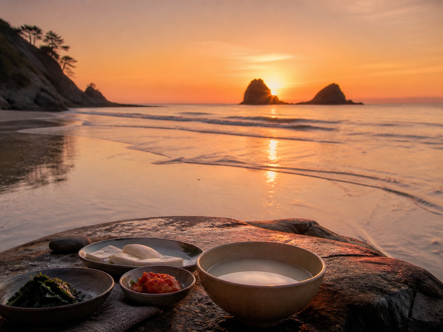 泰安コッジ海水浴場の夕焼けとソウォン生マッコリを捉えた編集用コンセプト画像